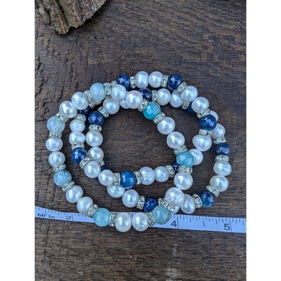 Vintage Rhinestone Pearl Bracelet Stack, 3 Pearly Stretch Bracelets - Picture 5 of 10